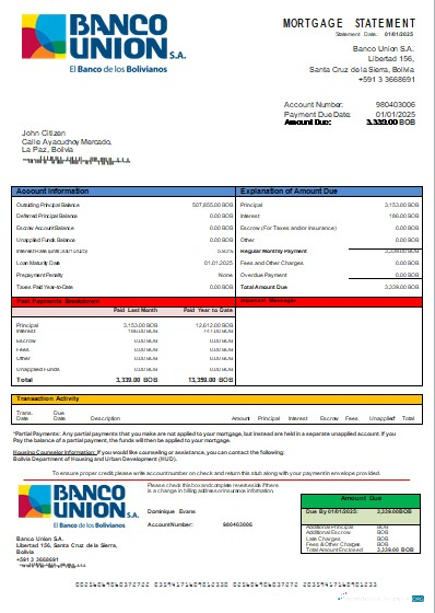 Download Bolivia Banco Union bank mortgage statement scr Photoshop template